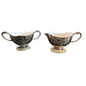 VINTAGE EP Zinc Grape Vine Sugar & Creamer Set, White Enamel Inlay